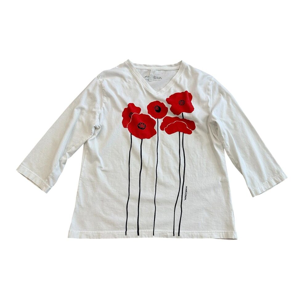 Marushka Red Poppy Hand Printed V-Neck 3/4 Sleeve Top Size M/L